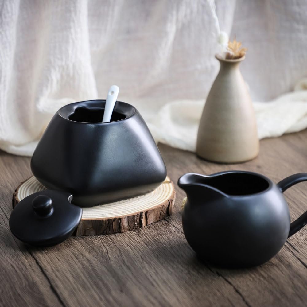 Black Simple - Juego de café de cerámica, jarra de crema y azucarero - Imagen 5