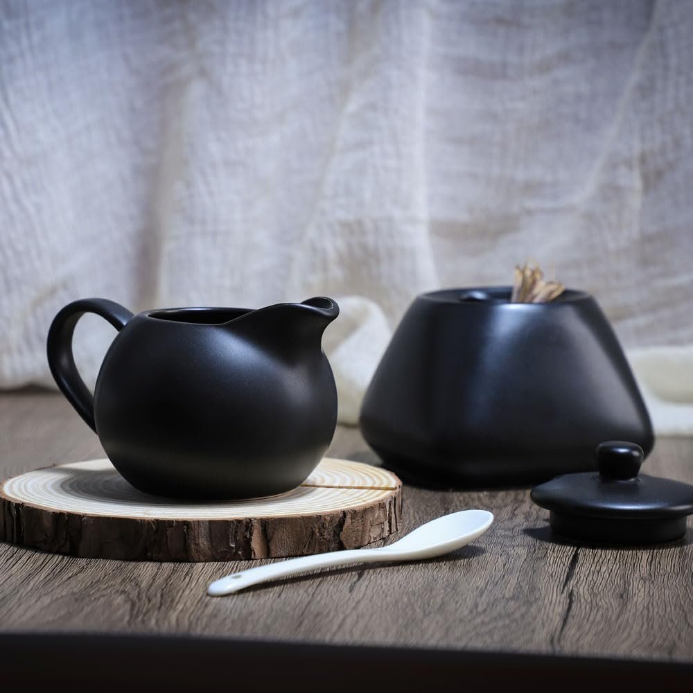 Black Simple - Juego de café de cerámica, jarra de crema y azucarero - Imagen 8