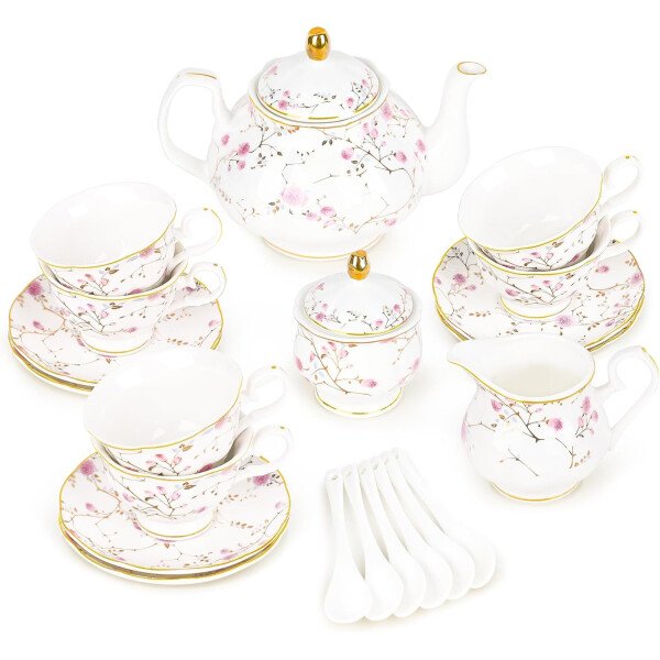 fanquare Juego de té de porcelana floral de vid dorada de 21 piezas con tazas de té de crema de azucarero, servicio de té de porcelana inglesa para mujeres, fiesta de té, reunión familiar, decoración
