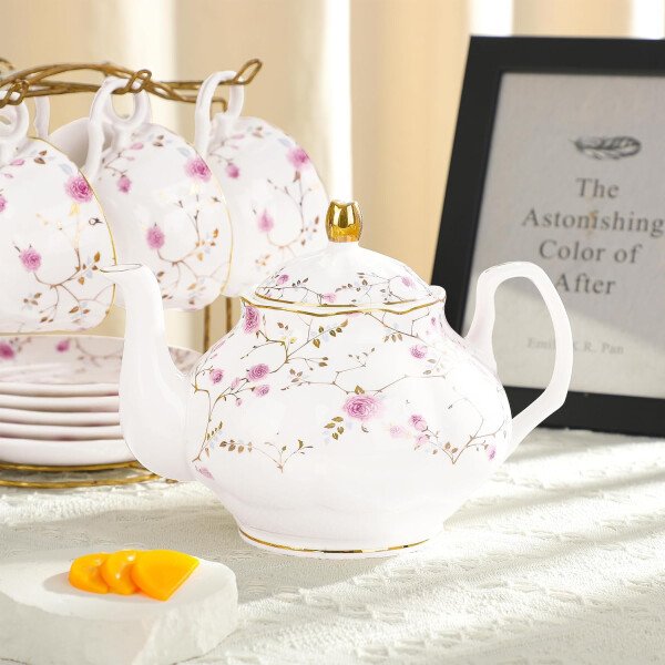 fanquare Juego de té de porcelana floral de vid dorada de 21 piezas con tazas de té de crema de azucarero, servicio de té de porcelana inglesa para mujeres, fiesta de té, reunión familiar, decoración - Image 2