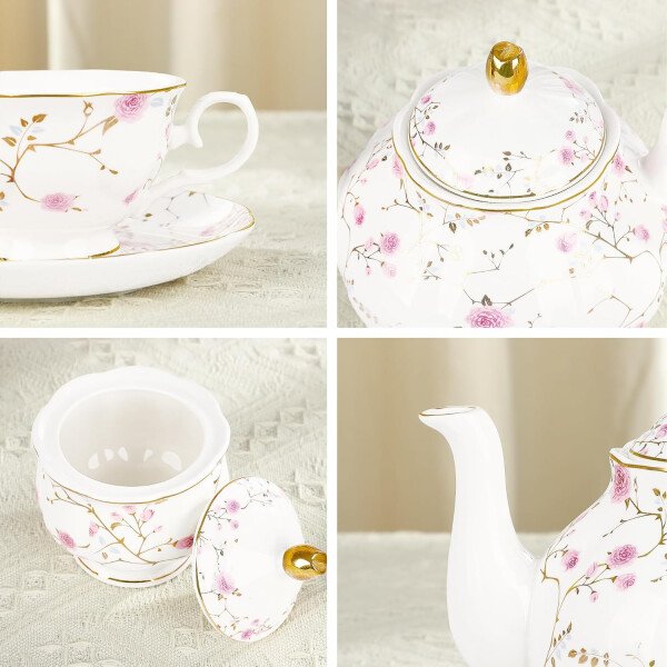 fanquare Juego de té de porcelana floral de vid dorada de 21 piezas con tazas de té de crema de azucarero, servicio de té de porcelana inglesa para mujeres, fiesta de té, reunión familiar, decoración - Image 3