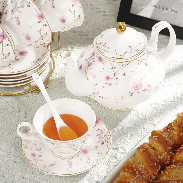 fanquare Juego de té de porcelana floral de vid dorada de 21 piezas con tazas de té de crema de azucarero, servicio de té de porcelana inglesa para mujeres, fiesta de té, reunión familiar, decoración - Image 4