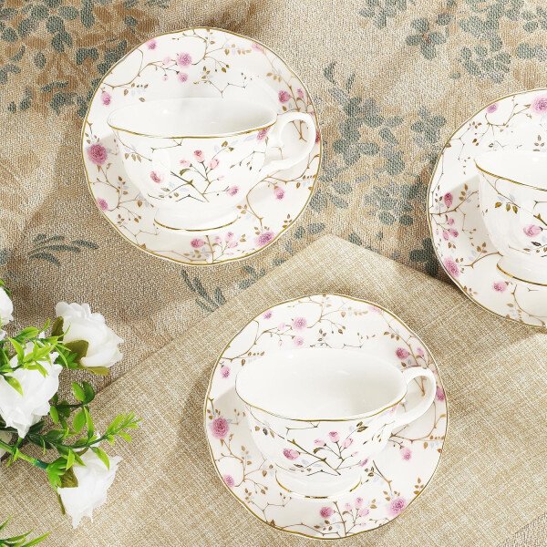 fanquare Juego de té de porcelana floral de vid dorada de 21 piezas con tazas de té de crema de azucarero, servicio de té de porcelana inglesa para mujeres, fiesta de té, reunión familiar, decoración - Image 5