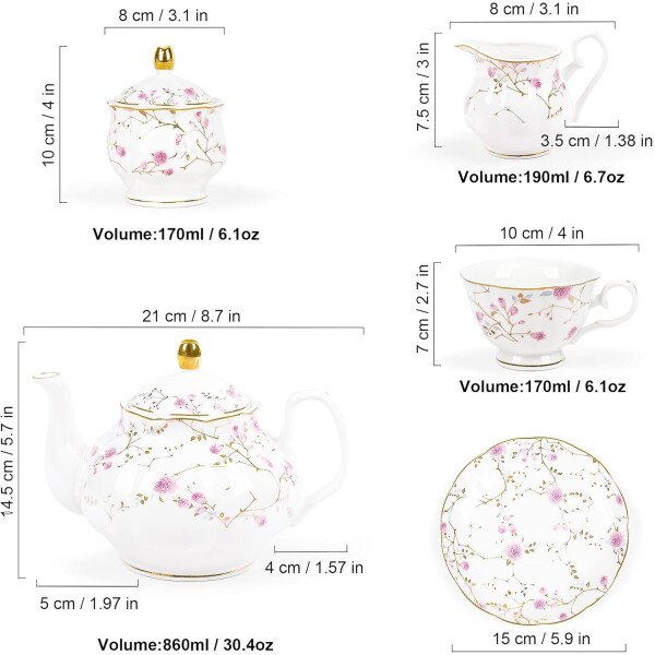 fanquare Juego de té de porcelana floral de vid dorada de 21 piezas con tazas de té de crema de azucarero, servicio de té de porcelana inglesa para mujeres, fiesta de té, reunión familiar, decoración - Image 6
