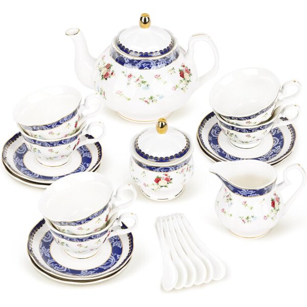 fanquare Juego de té de porcelana floral de vid dorada de 21 piezas con tazas de té de crema de azucarero, servicio de té de porcelana inglesa para mujeres, fiesta de té, reunión familiar, decoración - Image 7