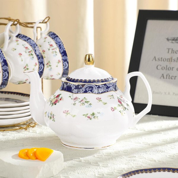 fanquare Juego de té de porcelana floral de vid dorada de 21 piezas con tazas de té de crema de azucarero, servicio de té de porcelana inglesa para mujeres, fiesta de té, reunión familiar, decoración - Image 8
