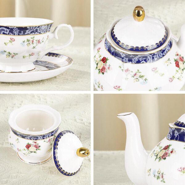 fanquare Juego de té de porcelana floral de vid dorada de 21 piezas con tazas de té de crema de azucarero, servicio de té de porcelana inglesa para mujeres, fiesta de té, reunión familiar, decoración - Image 9