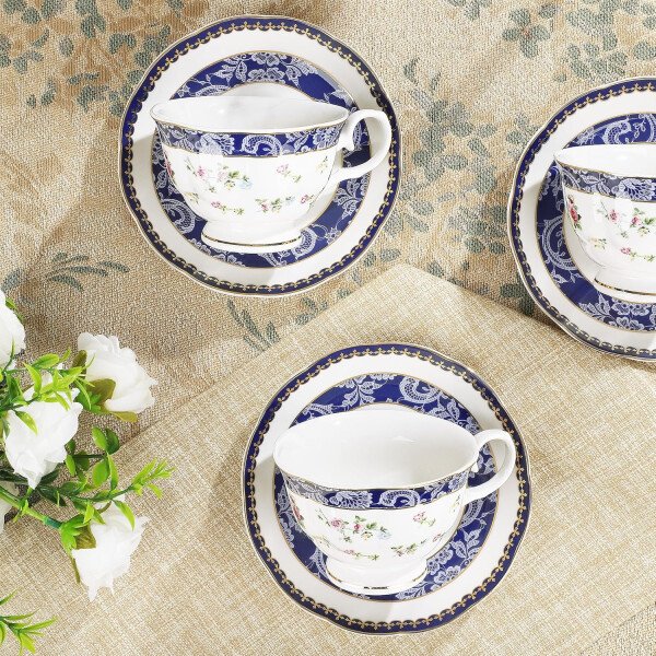 fanquare Juego de té de porcelana floral de vid dorada de 21 piezas con tazas de té de crema de azucarero, servicio de té de porcelana inglesa para mujeres, fiesta de té, reunión familiar, decoración - Image 11