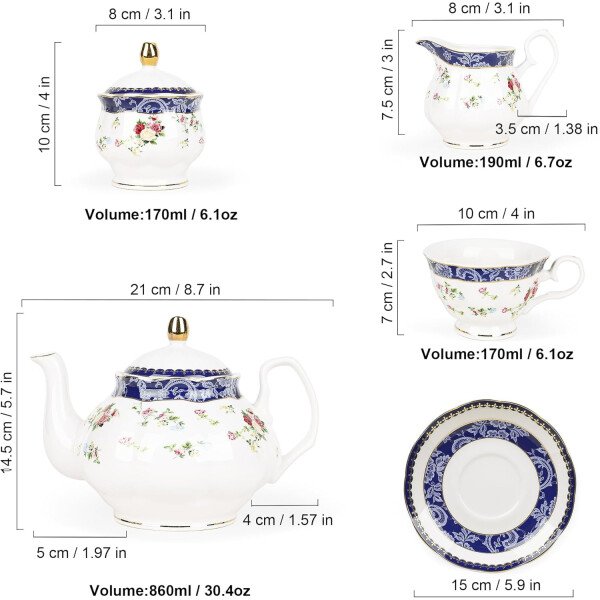 fanquare Juego de té de porcelana floral de vid dorada de 21 piezas con tazas de té de crema de azucarero, servicio de té de porcelana inglesa para mujeres, fiesta de té, reunión familiar, decoración - Image 12