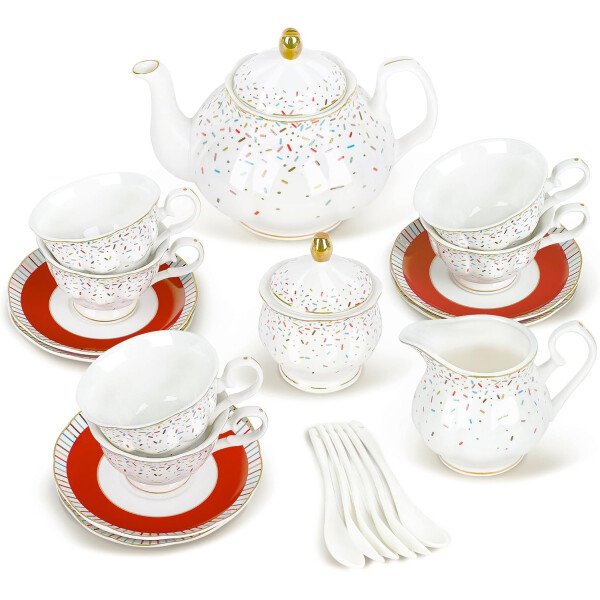 fanquare Juego de té de porcelana floral de vid dorada de 21 piezas con tazas de té de crema de azucarero, servicio de té de porcelana inglesa para mujeres, fiesta de té, reunión familiar, decoración - Image 13