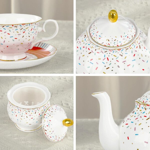 fanquare Juego de té de porcelana floral de vid dorada de 21 piezas con tazas de té de crema de azucarero, servicio de té de porcelana inglesa para mujeres, fiesta de té, reunión familiar, decoración - Image 15