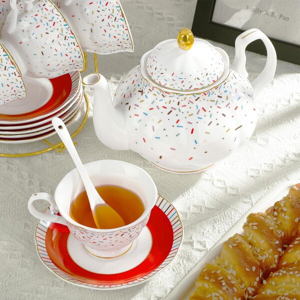 fanquare Juego de té de porcelana floral de vid dorada de 21 piezas con tazas de té de crema de azucarero, servicio de té de porcelana inglesa para mujeres, fiesta de té, reunión familiar, decoración - Image 16