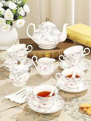 white british tea set, vine with flower pattern