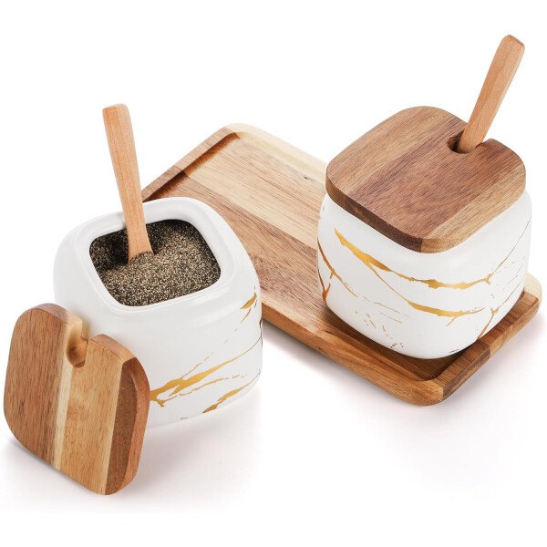 Dicunoy Paquete de 2 azucareros de cerámica con tapas y cucharas, recipiente de sal y azúcar, recipiente de café de azúcar de porcelana blanca, macetas de especias para condimentos con bandeja de - Image 2