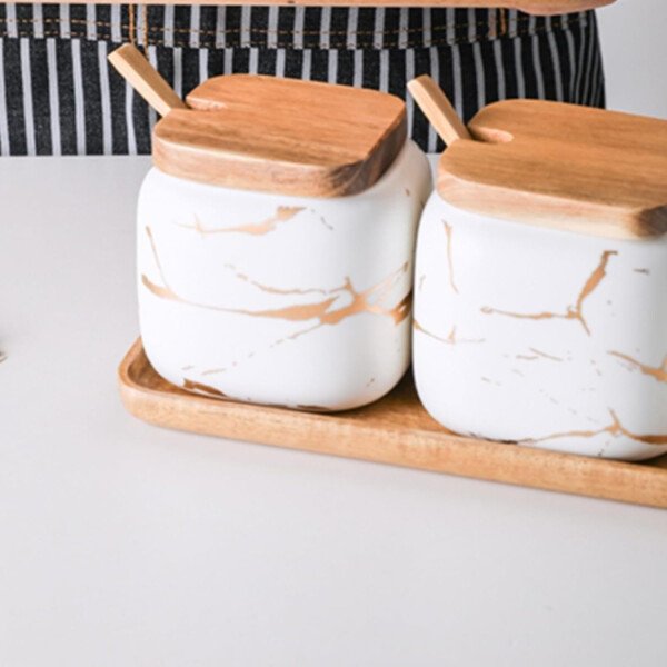 Dicunoy Paquete de 2 azucareros de cerámica con tapas y cucharas, recipiente de sal y azúcar, recipiente de café de azúcar de porcelana blanca, macetas de especias para condimentos con bandeja de - Image 3