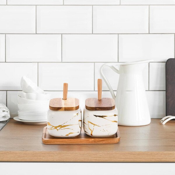 Dicunoy Paquete de 2 azucareros de cerámica con tapas y cucharas, recipiente de sal y azúcar, recipiente de café de azúcar de porcelana blanca, macetas de especias para condimentos con bandeja de - Image 5
