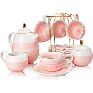 SWEEJAR Juego de té de porcelana, 4 tazas de 8 onzas, platillos, cucharas de té, con tetera, azucarera, jarro para crema y colador de té, para té/café, hora del té