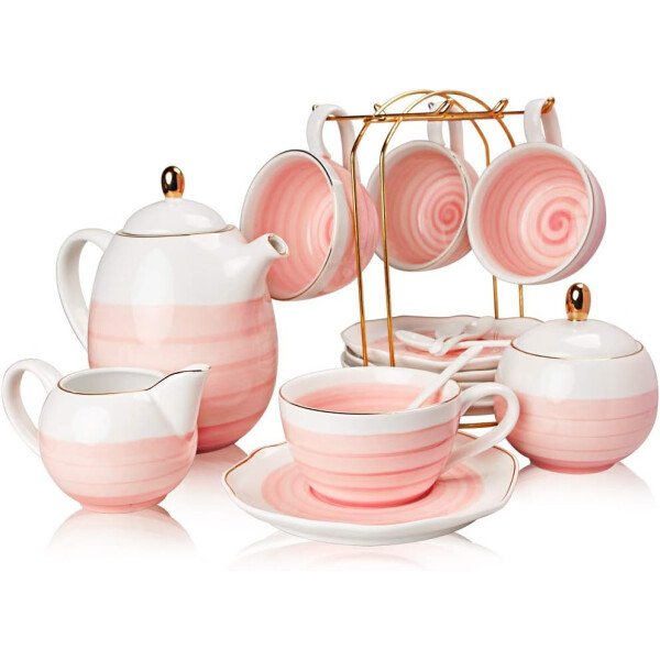 SWEEJAR Juego de té de porcelana, 4 tazas de 8 onzas, platillos, cucharas de té, con tetera, azucarera, jarro para crema y colador de té, para té/café, hora del té