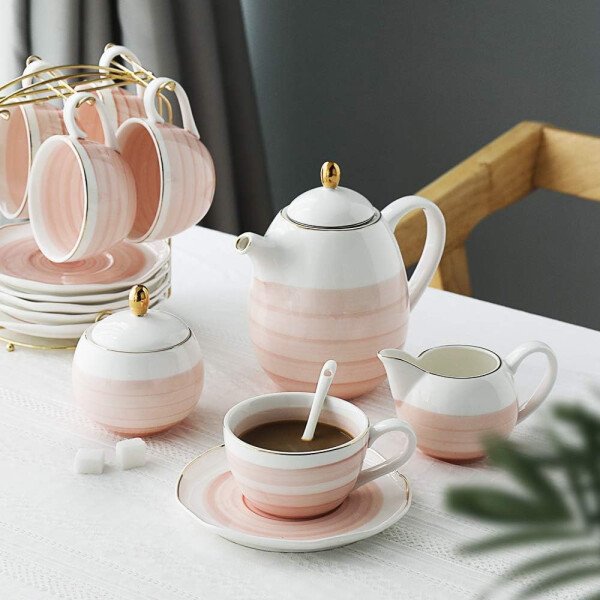 SWEEJAR Juego de té de porcelana, 4 tazas de 8 onzas, platillos, cucharas de té, con tetera, azucarera, jarro para crema y colador de té, para té/café, hora del té - Image 2