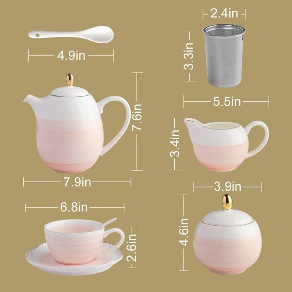 SWEEJAR Juego de té de porcelana, 4 tazas de 8 onzas, platillos, cucharas de té, con tetera, azucarera, jarro para crema y colador de té, para té/café, hora del té - Image 3