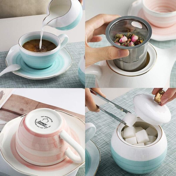 SWEEJAR Juego de té de porcelana, 4 tazas de 8 onzas, platillos, cucharas de té, con tetera, azucarera, jarro para crema y colador de té, para té/café, hora del té - Image 4