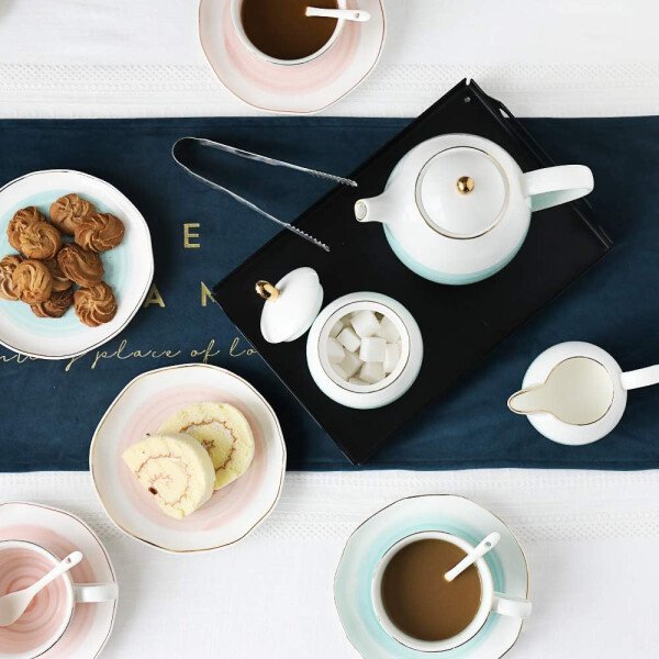SWEEJAR Juego de té de porcelana, 4 tazas de 8 onzas, platillos, cucharas de té, con tetera, azucarera, jarro para crema y colador de té, para té/café, hora del té - Image 5