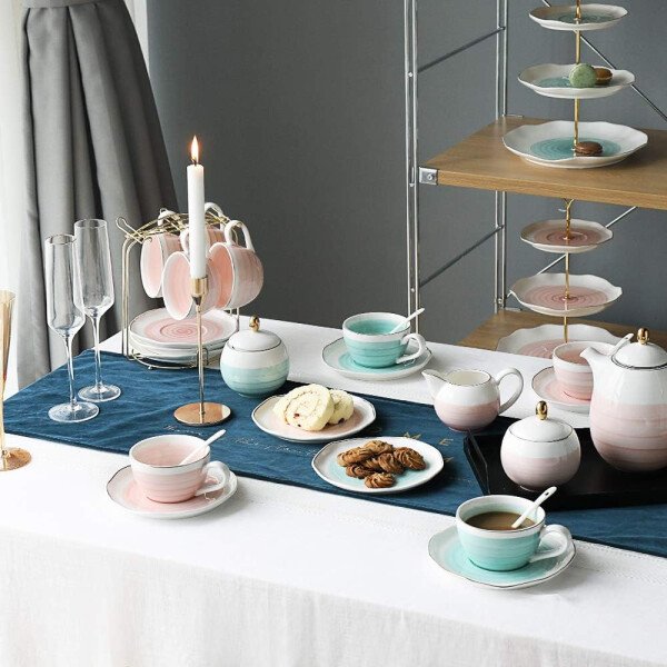 SWEEJAR Juego de té de porcelana, 4 tazas de 8 onzas, platillos, cucharas de té, con tetera, azucarera, jarro para crema y colador de té, para té/café, hora del té - Image 6