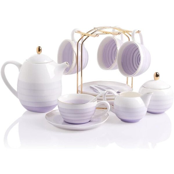SWEEJAR Juego de té de porcelana, 4 tazas de 8 onzas, platillos, cucharas de té, con tetera, azucarera, jarro para crema y colador de té, para té/café, hora del té - Image 7