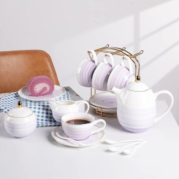 SWEEJAR Juego de té de porcelana, 4 tazas de 8 onzas, platillos, cucharas de té, con tetera, azucarera, jarro para crema y colador de té, para té/café, hora del té - Image 8