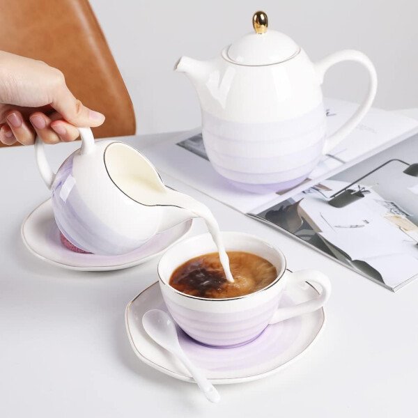 SWEEJAR Juego de té de porcelana, 4 tazas de 8 onzas, platillos, cucharas de té, con tetera, azucarera, jarro para crema y colador de té, para té/café, hora del té - Image 9
