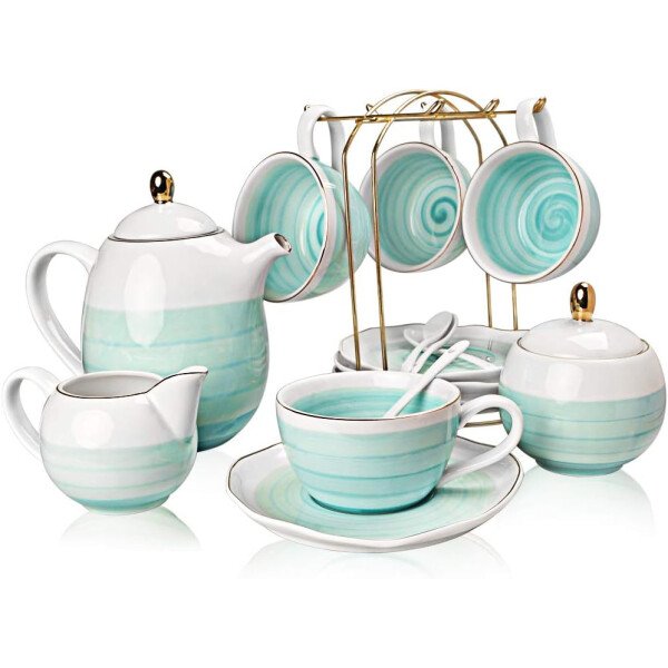 SWEEJAR Juego de té de porcelana, 4 tazas de 8 onzas, platillos, cucharas de té, con tetera, azucarera, jarro para crema y colador de té, para té/café, hora del té - Image 13