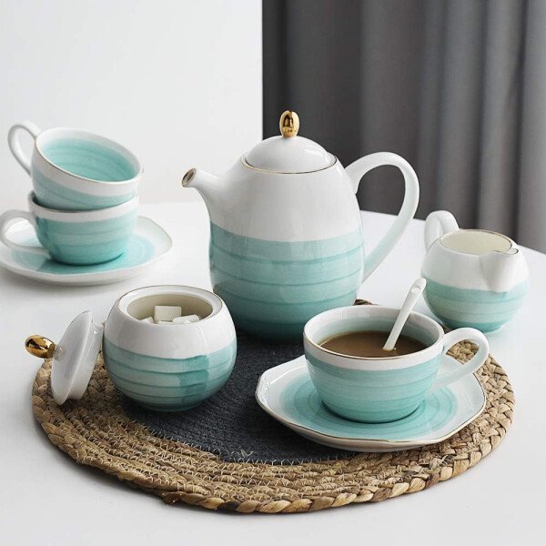SWEEJAR Juego de té de porcelana, 4 tazas de 8 onzas, platillos, cucharas de té, con tetera, azucarera, jarro para crema y colador de té, para té/café, hora del té - Image 14