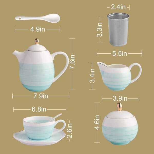SWEEJAR Juego de té de porcelana, 4 tazas de 8 onzas, platillos, cucharas de té, con tetera, azucarera, jarro para crema y colador de té, para té/café, hora del té - Image 15