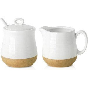 Hasense Juego de cerámica de azúcar y crema, juego de 3 piezas de café con jarra de crema, azucarero, tapa y cuchara, 10 onzas de azúcar y crema para barra de café, perfecto para regalo de boda