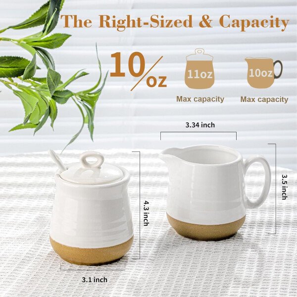 Hasense Juego de cerámica de azúcar y crema, juego de 3 piezas de café con jarra de crema, azucarero, tapa y cuchara, 10 onzas de azúcar y crema para barra de café, perfecto para regalo de boda - Image 3