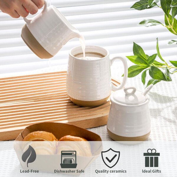 Hasense Juego de cerámica de azúcar y crema, juego de 3 piezas de café con jarra de crema, azucarero, tapa y cuchara, 10 onzas de azúcar y crema para barra de café, perfecto para regalo de boda - Image 4