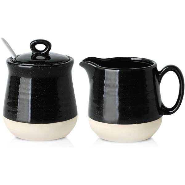 Hasense Juego de cerámica de azúcar y crema, juego de 3 piezas de café con jarra de crema, azucarero, tapa y cuchara, 10 onzas de azúcar y crema para barra de café, perfecto para regalo de boda - Image 8