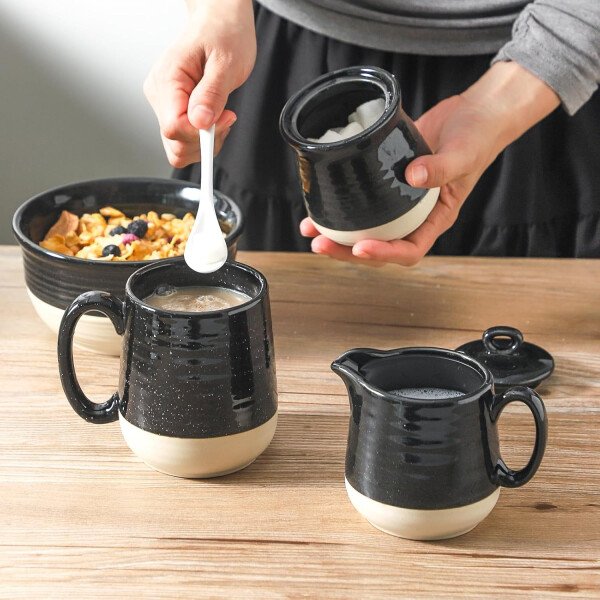 Hasense Juego de cerámica de azúcar y crema, juego de 3 piezas de café con jarra de crema, azucarero, tapa y cuchara, 10 onzas de azúcar y crema para barra de café, perfecto para regalo de boda - Image 12