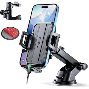 Soporte de teléfono 3 en 1 mejorado para automóvil [potente succión] Soporte de teléfono para salpicadero de automóvil, parabrisas de ventilación de aire, para todos los teléfonos iPhone y