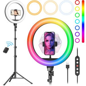 Weilisi Anillo de luz de 10 pulgadas con soporte de 72 pulgadas de alto y soporte para teléfono, 38 modos de color, luz para selfie con soporte de trípode, luz LED regulable y continua para iPhone y