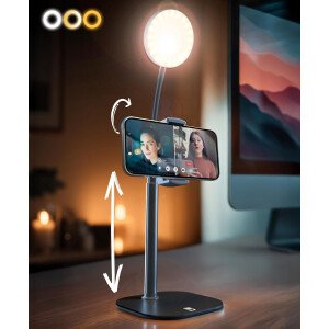 Soporte de teléfono con anillo de luz para escritorio, soporte de luz LED ChatStand Halo de escritorio y soporte para teléfono para grabación de video, llamadas, reuniones de zoom, transmisión de