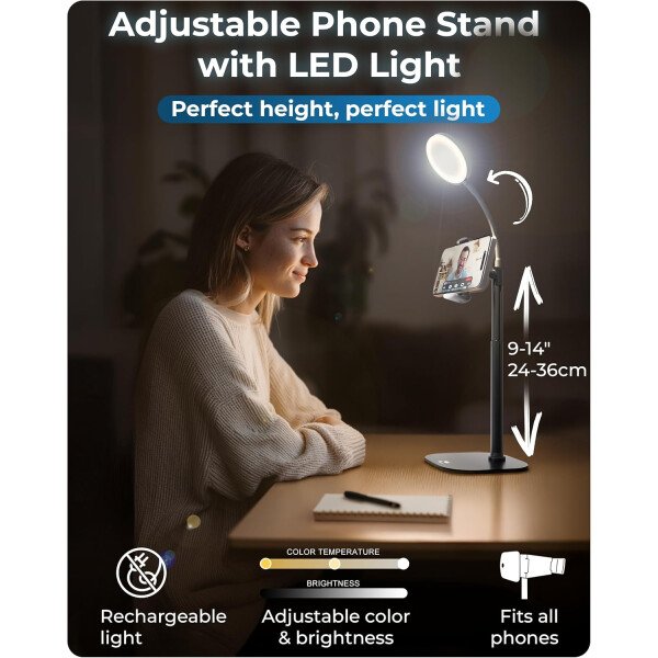 Soporte de teléfono con anillo de luz para escritorio, soporte de luz LED ChatStand Halo de escritorio y soporte para teléfono para grabación de video, llamadas, reuniones de zoom, transmisión de - Image 2