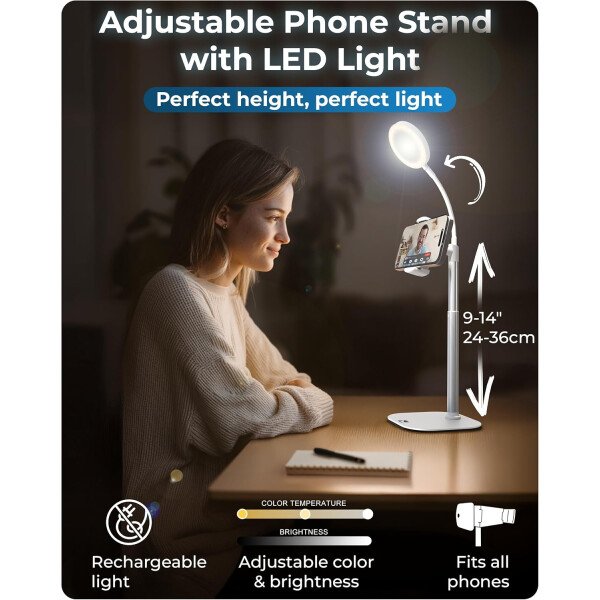 Soporte de teléfono con anillo de luz para escritorio, soporte de luz LED ChatStand Halo de escritorio y soporte para teléfono para grabación de video, llamadas, reuniones de zoom, transmisión de - Image 10