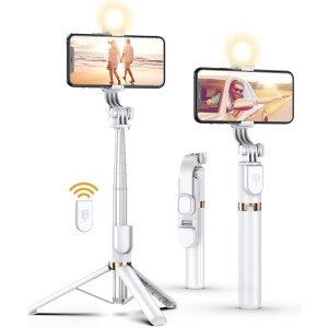 Trípode para selfie stick con control remoto inalámbrico, trípode para selfie stick de 46 pulgadas con luz de relleno LED, para iPhone 16/15/14/14 pro/13/13 Pro/12/11/11 Pro/XS Max/XS/XR/X/8/7 y