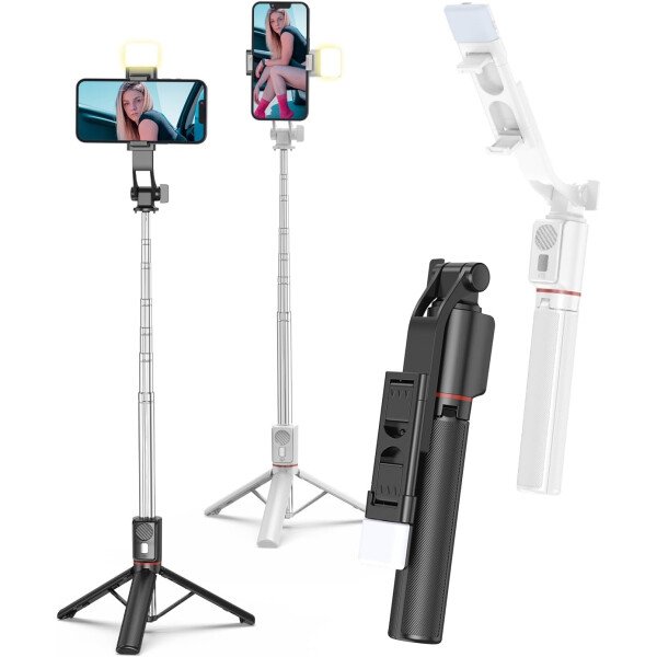 Trípode para selfie stick con control remoto inalámbrico, trípode para selfie stick de 46 pulgadas con luz de relleno LED, para iPhone 16/15/14/14 pro/13/13 Pro/12/11/11 Pro/XS Max/XS/XR/X/8/7 y - Imagen 8