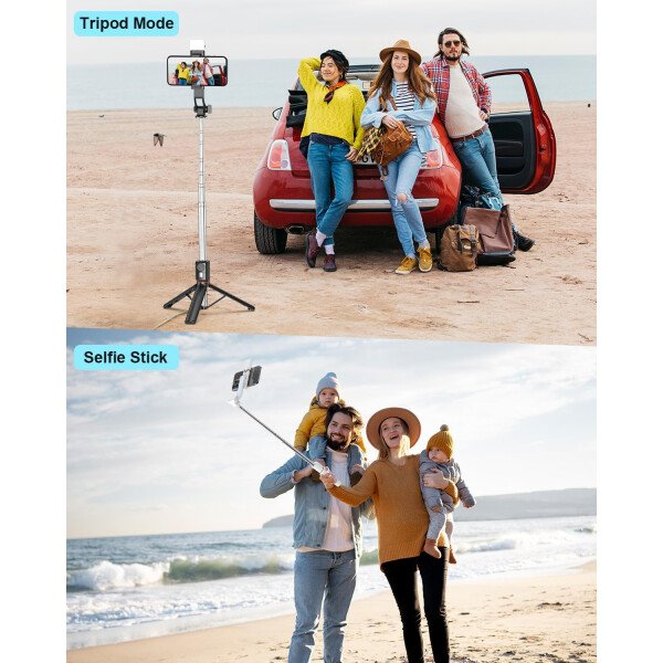 Trípode para selfie stick con control remoto inalámbrico, trípode para selfie stick de 46 pulgadas con luz de relleno LED, para iPhone 16/15/14/14 pro/13/13 Pro/12/11/11 Pro/XS Max/XS/XR/X/8/7 y - Imagen 14