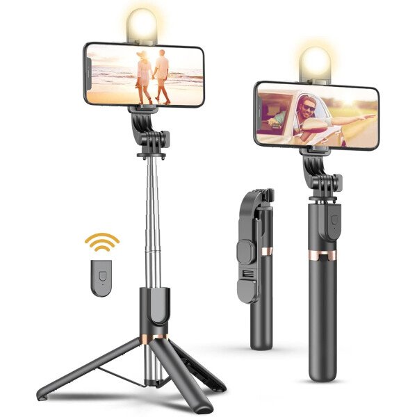 Trípode para selfie stick con control remoto inalámbrico, trípode para selfie stick de 46 pulgadas con luz de relleno LED, para iPhone 16/15/14/14 pro/13/13 Pro/12/11/11 Pro/XS Max/XS/XR/X/8/7 y - Imagen 15