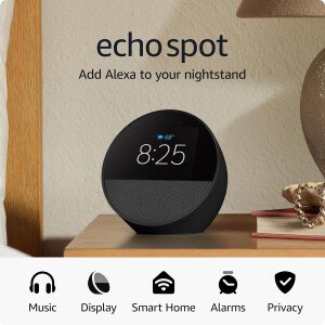 Amazon Echo Spot (modelo más reciente): ideal para mesitas de noche, oficinas y cocinas, incluye despertador inteligente con Alexa (negro)