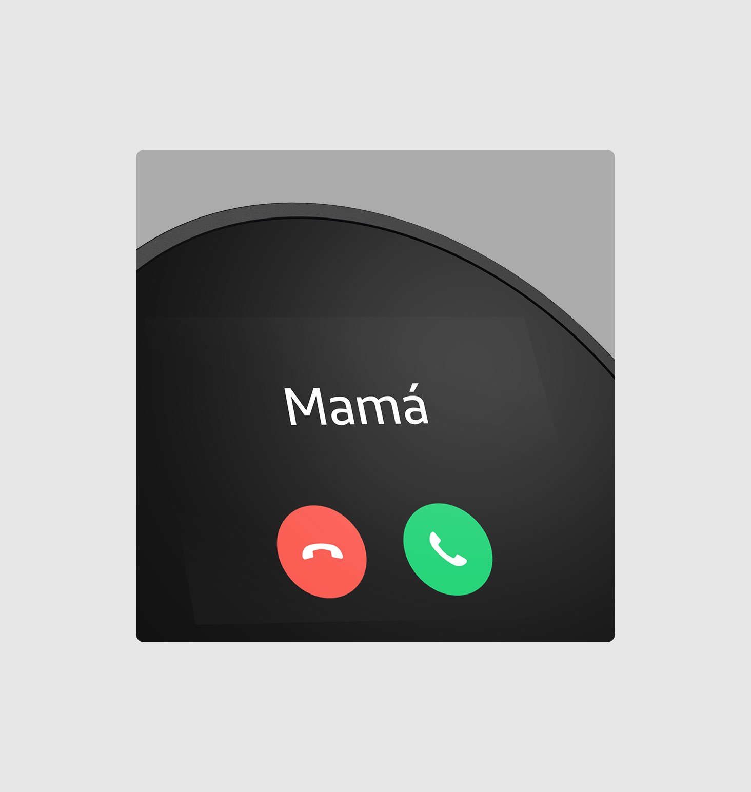 Un acercamiento de la pantalla de 2.8 pulgadas muestra el texto “Mamá” y los íconos de llamada.