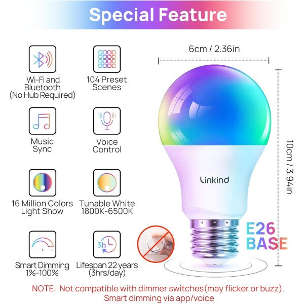 Linkind Bombillas inteligentes, bombilla inteligente que funciona con Alexa y Google Home, bombillas LED que cambian de color, 104 escenas preestablecidas, sincronización de música, bombilla A19 E26 - Imagen 2